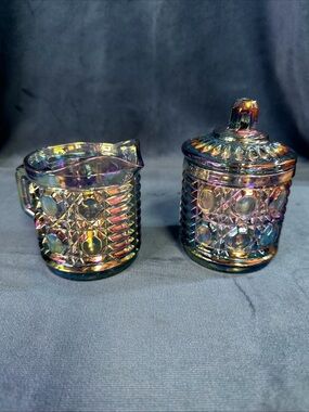 VINTAGE INDIANA GLASS WINDSOR "BUTTON AND CANE" BLUE Carnival  CREAM AND SUGAR